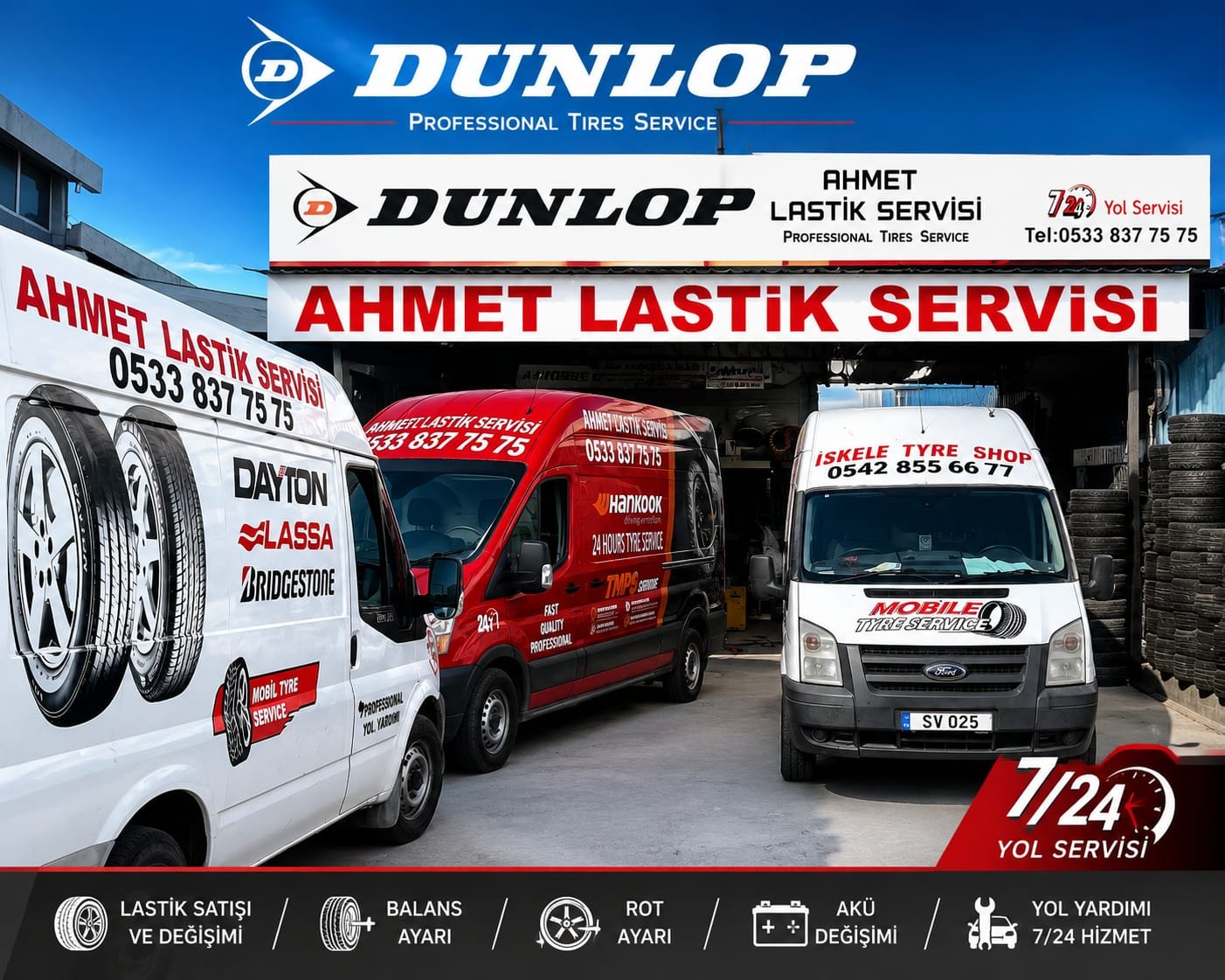 Ahmet Lastik Servisi dükkânı ve yol yardım araçları